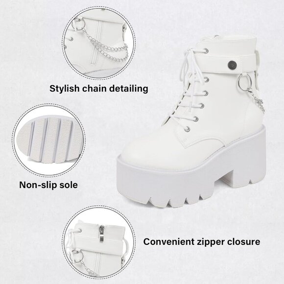 Women's Vegan Leather White Chunky Wedge Lace Up & Zipper Ankle Heel Party Boots - Picture 4 of 6